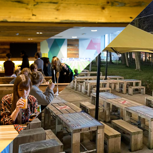 Split view of bar and outside seating area